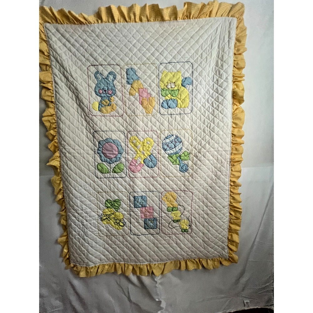 Vintage Baby Blanket Yellow Ginham Embroidered Bears‎ Blocks Ruffle Quilt Bear